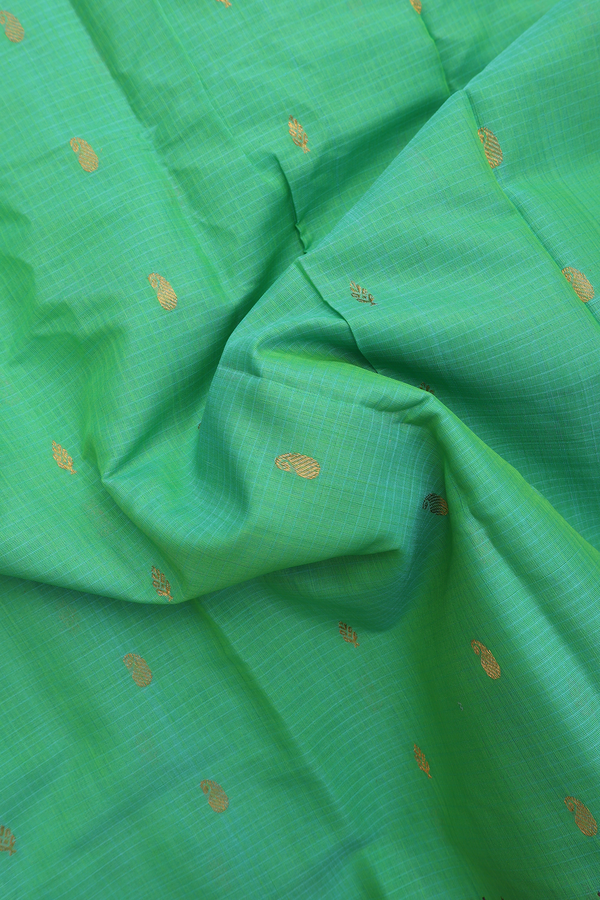 Gadwal Silk Cotton Saree In Green With Zari Buttas