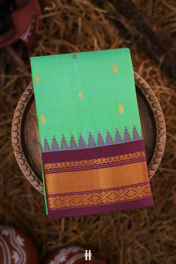 Gadwal Silk Cotton Saree In Green With Zari Buttas