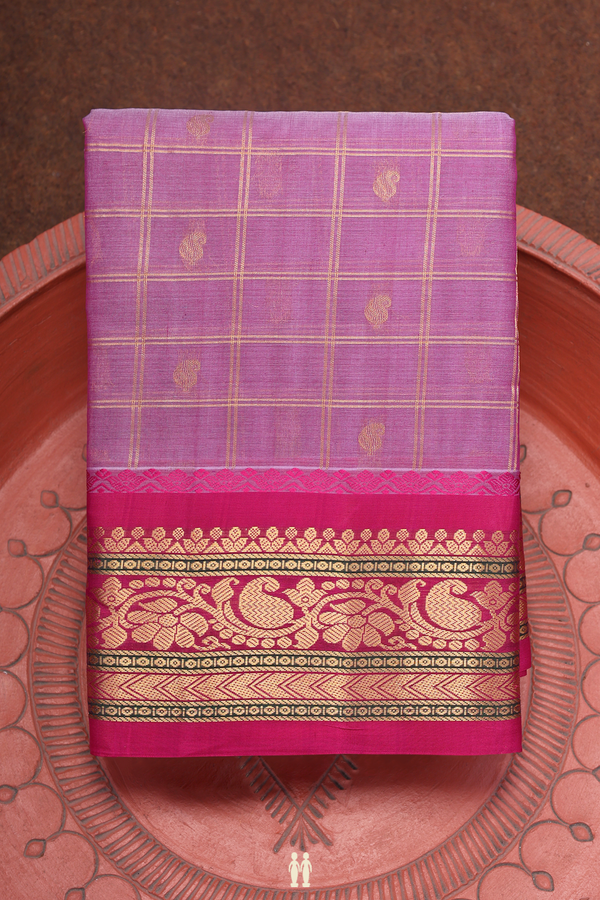 Gadwal Silk Cotton Saree In Lavender With Checks Design