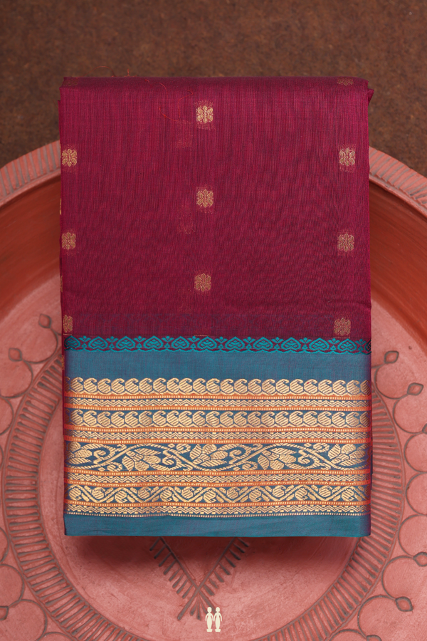 Gadwal Silk Cotton Saree In Maroon With Zari Buttis