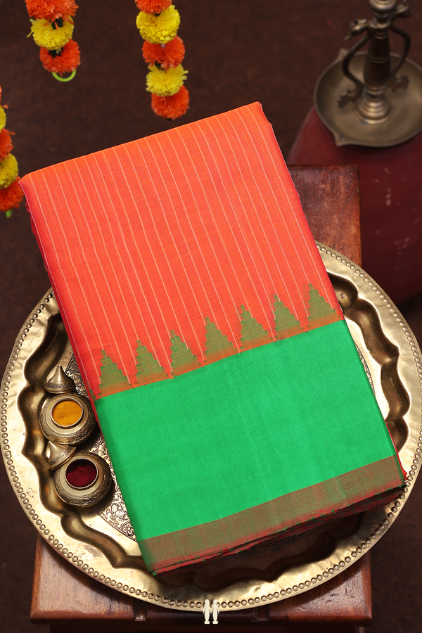 Gadwal Silk Cotton Saree In Orange With Stripes Design