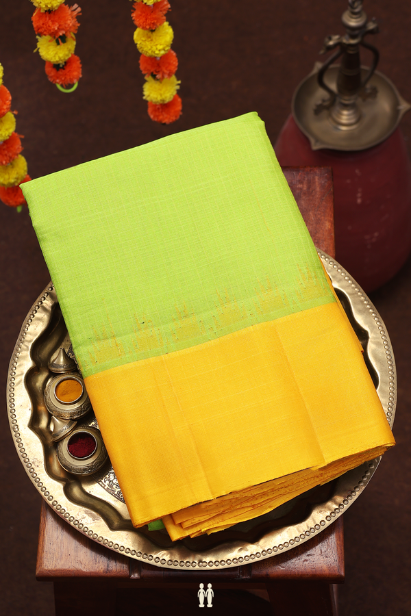 Gadwal Silk Cotton Saree In Parrot Green With Contrast Border