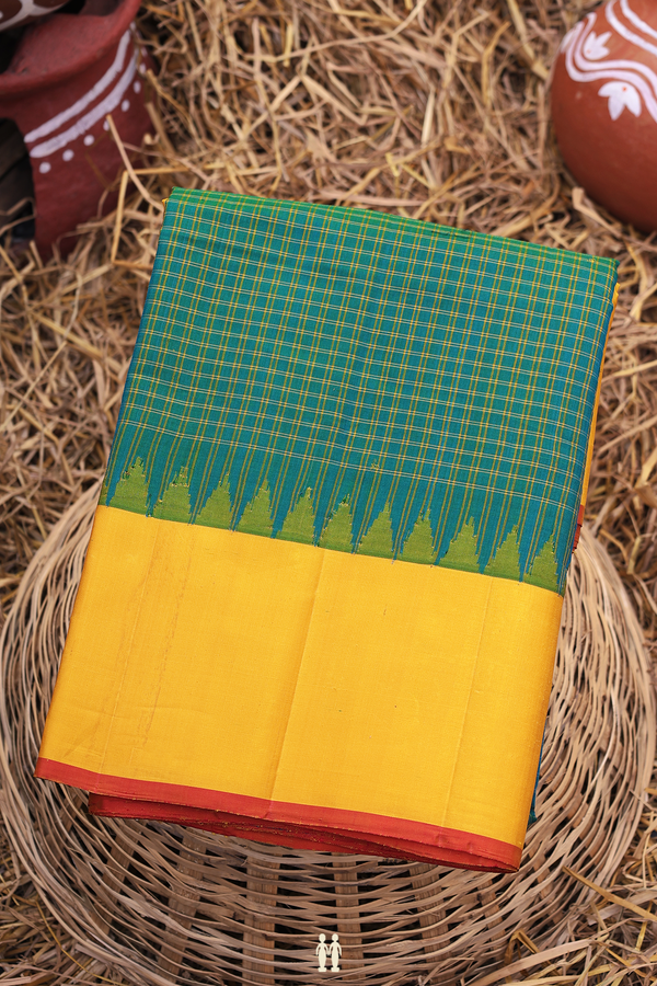 Gadwal Silk Cotton Saree In Peacock Green With Silk Border
