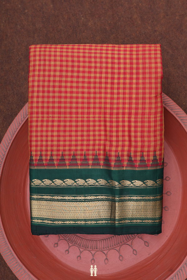 Gadwal Silk Cotton Saree In Red And Yellow With Checks Design