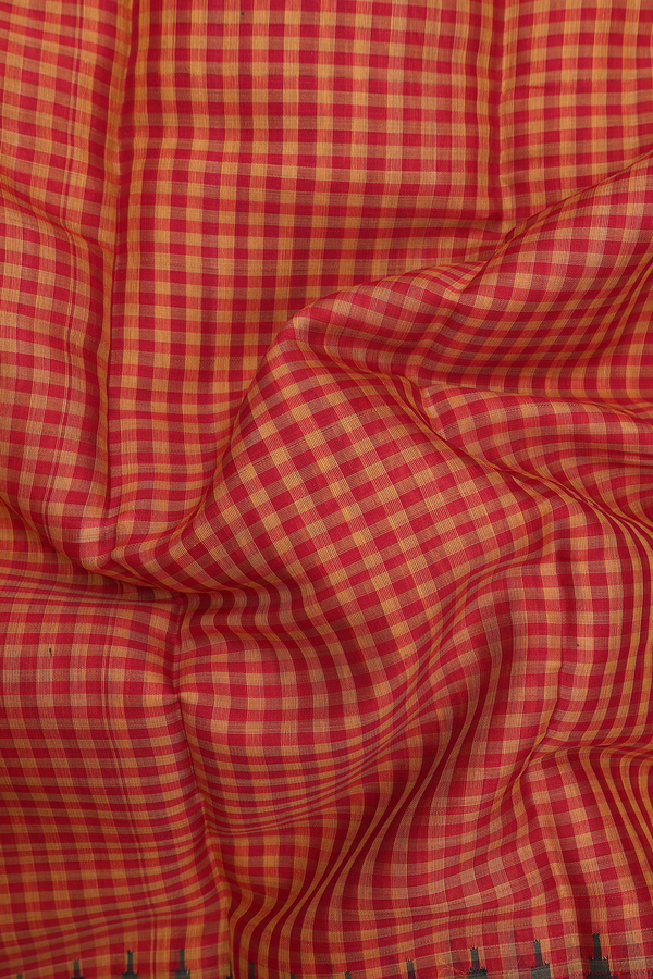 Gadwal Silk Cotton Saree In Red And Yellow With Checks Design