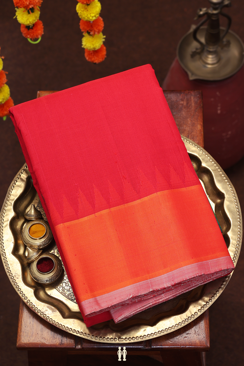 Gadwal Silk Cotton Saree In Red With Ganga Jamuna Border