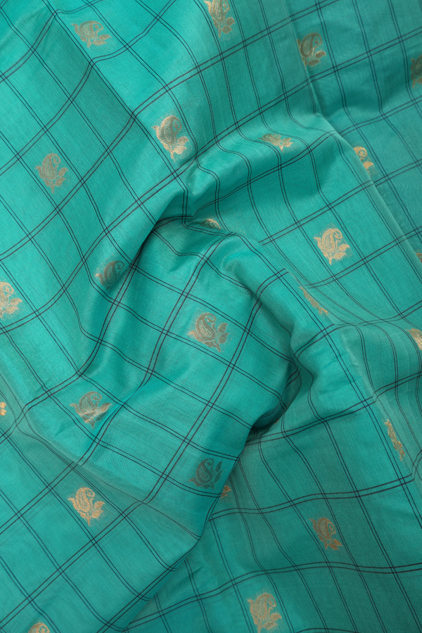 Gadwal Silk Cotton Saree In Sea Green With Checks Design