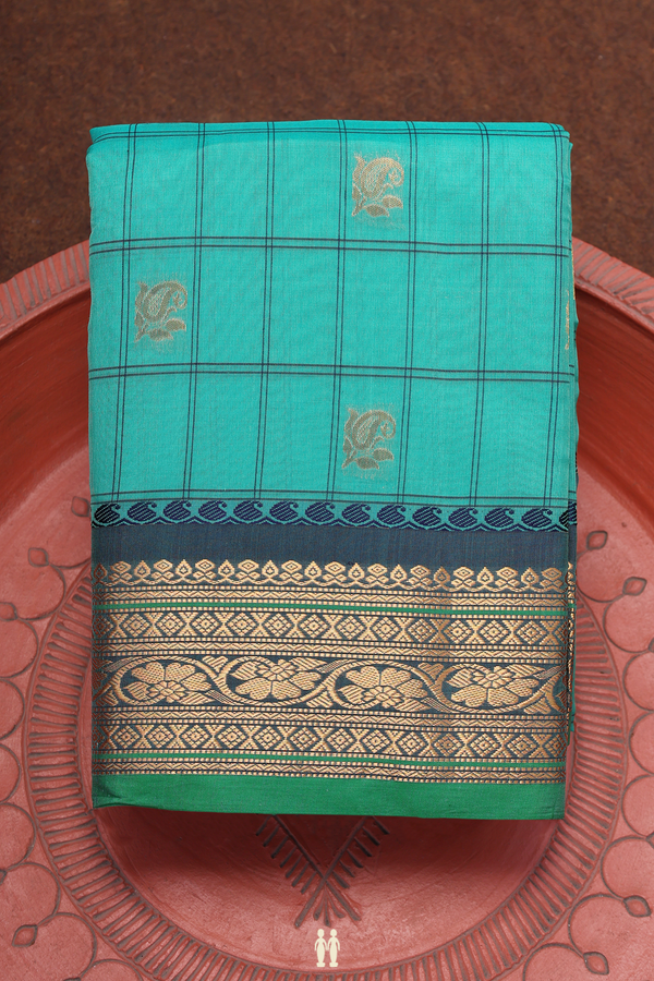 Gadwal Silk Cotton Saree In Sea Green With Checks Design