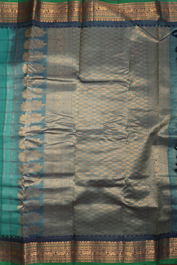 Gadwal Silk Cotton Saree In Sea Green With Checks Design