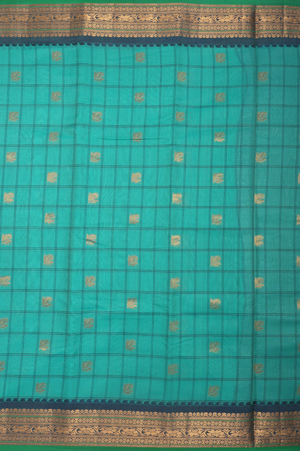 Gadwal Silk Cotton Saree In Sea Green With Checks Design