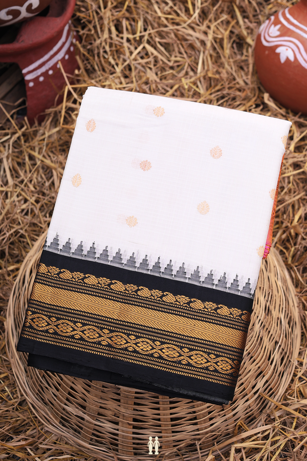 Gadwal Silk Cotton Saree In White With Floral Buttas
