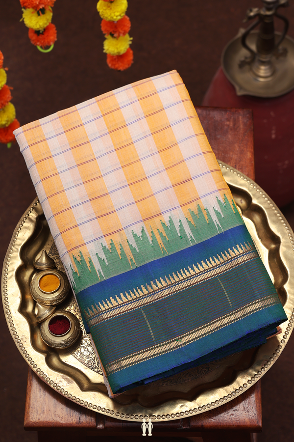 Gadwal Silk Cotton Saree White And Orange With Checks Design
