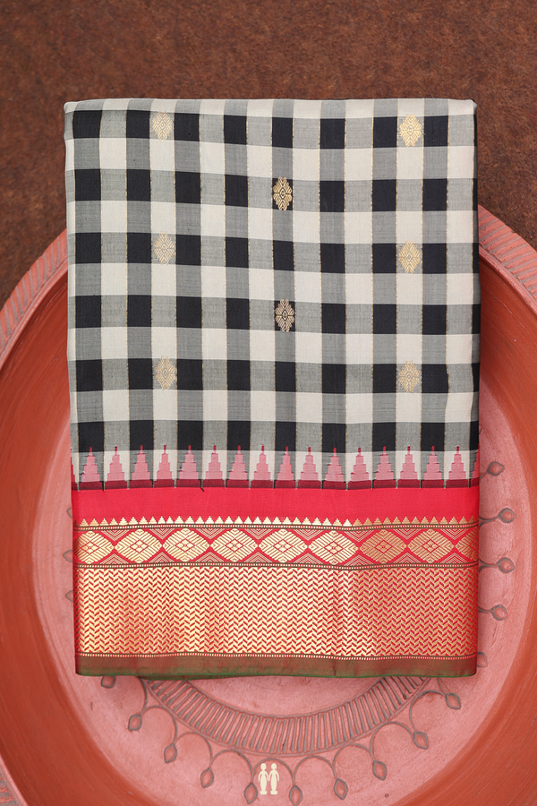 Gadwal Silk Saree In Beige And Black With Checks Design