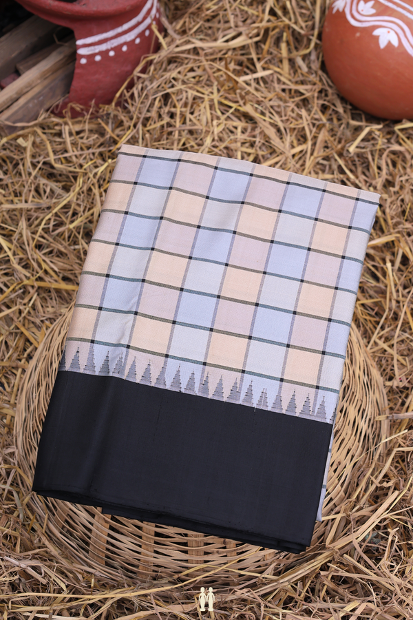 Gadwal Silk Saree In Blue And Brown With Checks Design