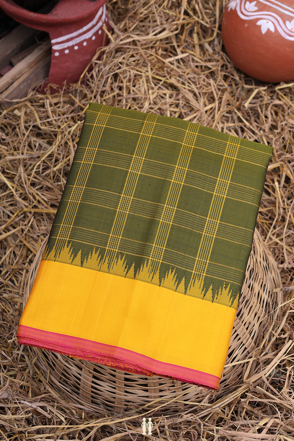 Gadwal Silk Saree In Mehendi Green With Checks Design