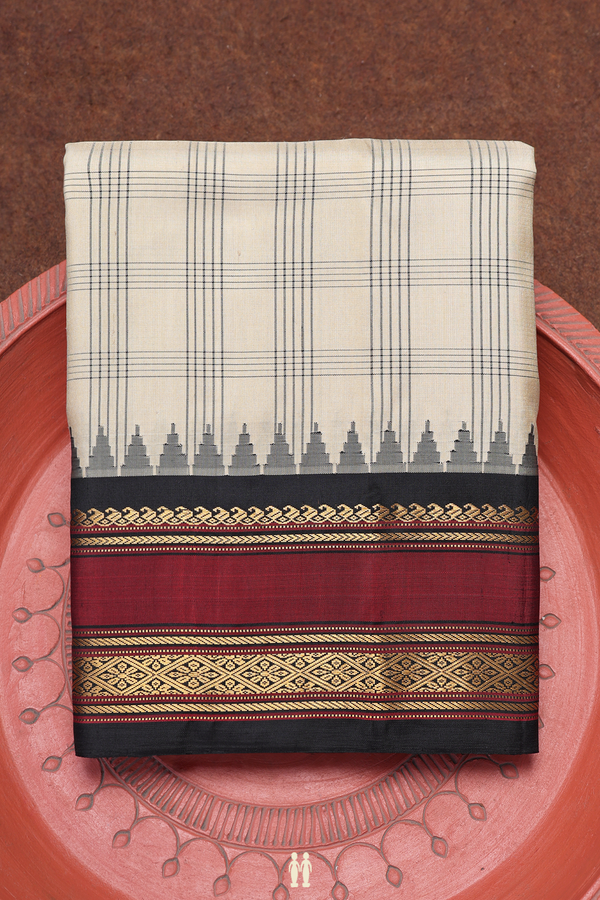 Gadwal Silk Saree In Pastel Khaki With Checks Design