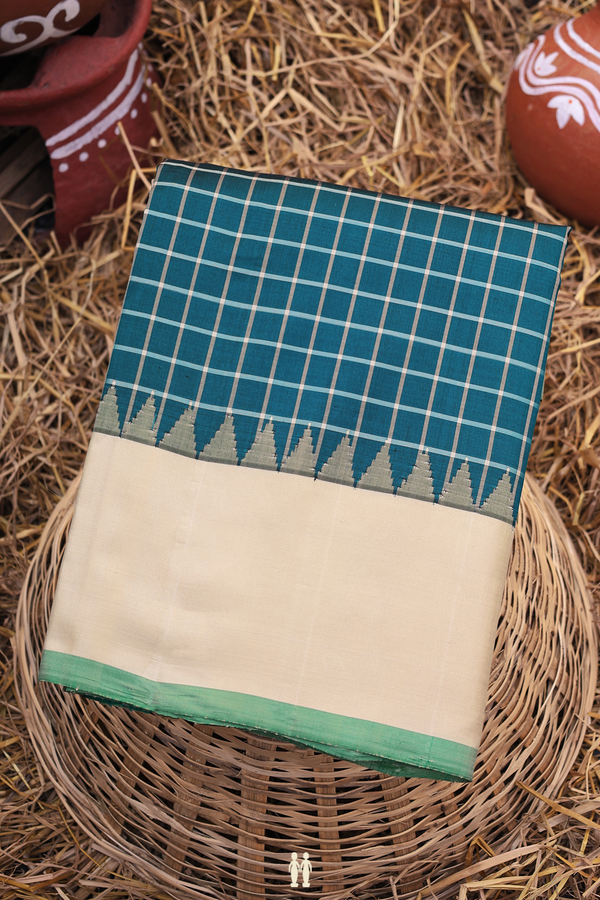 Gadwal Silk Saree In Pine Green With Checks Design