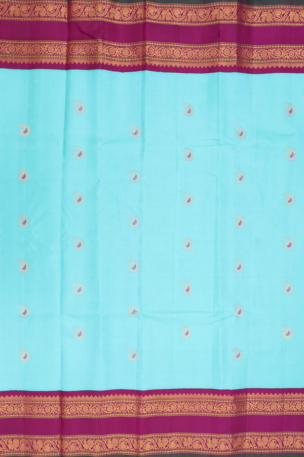 Gadwal Silk Saree In Turquoise Blue With Paisley Buttas