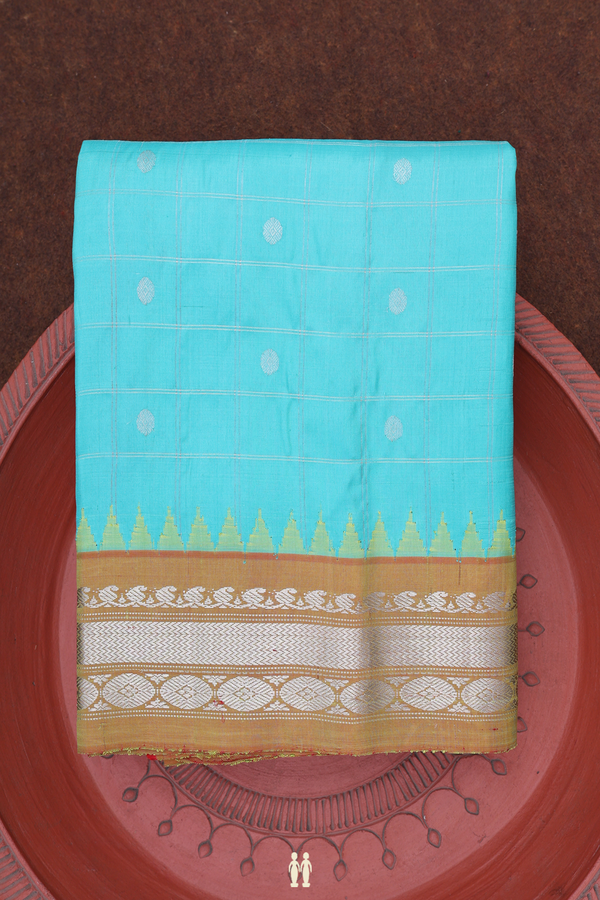 Gadwal Silk Saree In Turquoise Green With Checks Design