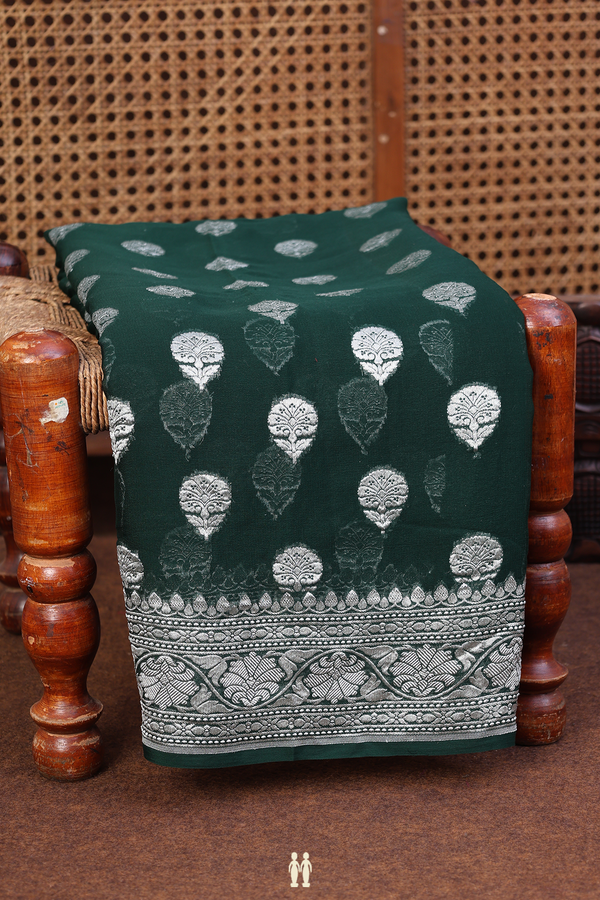 Georgette Banarasi Silk Saree In Green With Floral Buttas