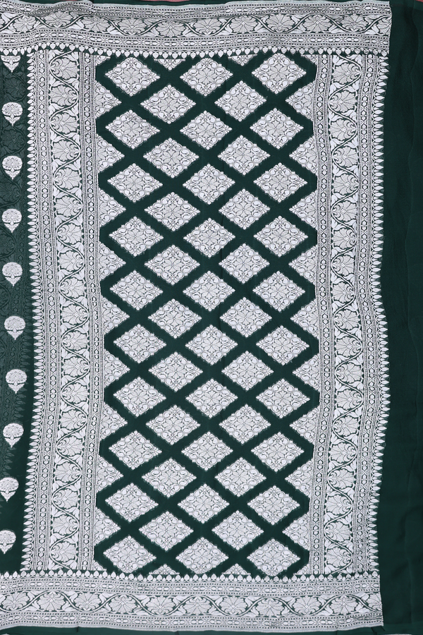 Georgette Banarasi Silk Saree In Green With Floral Buttas