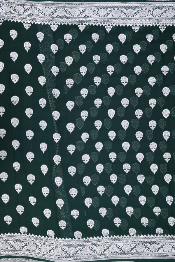 Georgette Banarasi Silk Saree In Green With Floral Buttas