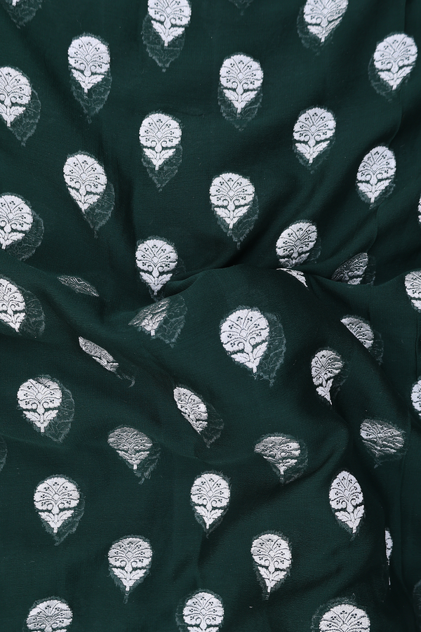 Georgette Banarasi Silk Saree In Green With Floral Buttas