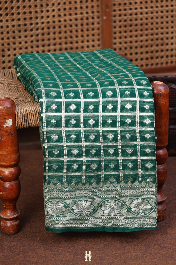 Georgette Banarasi Silk Saree In Forest Green With Checks