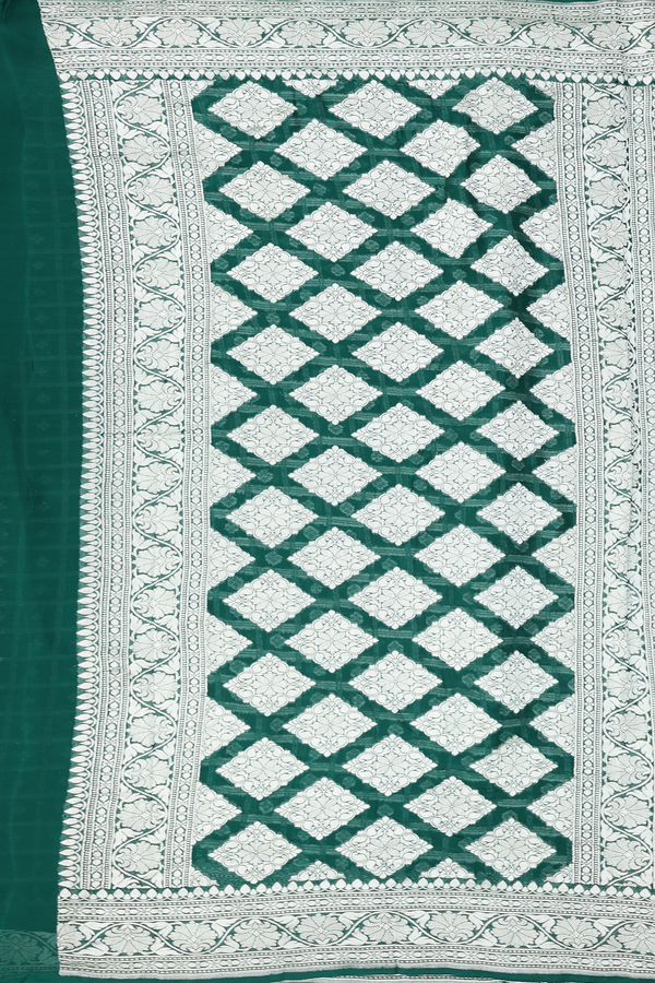 Georgette Banarasi Silk Saree In Forest Green With Checks