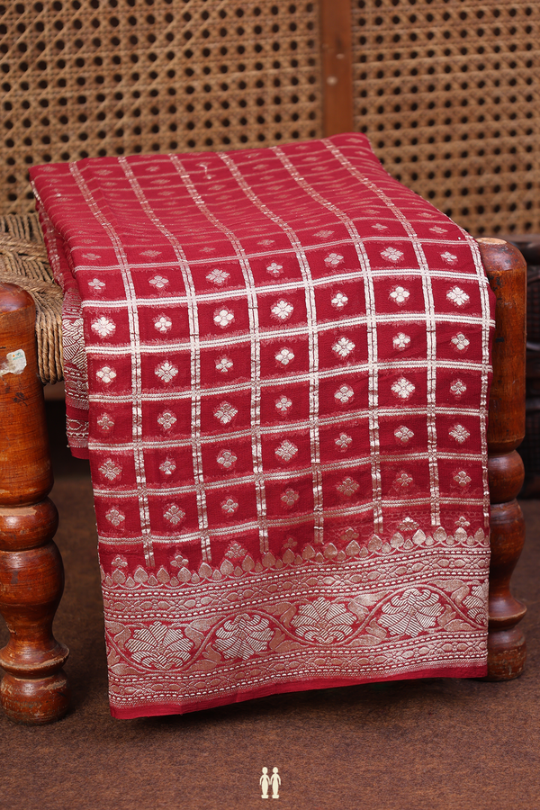 Georgette Banarasi Silk Saree In Rust Red With Checks