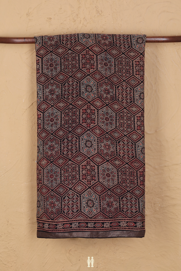 Georgette Saree In Black With Ajrakh Printed Design