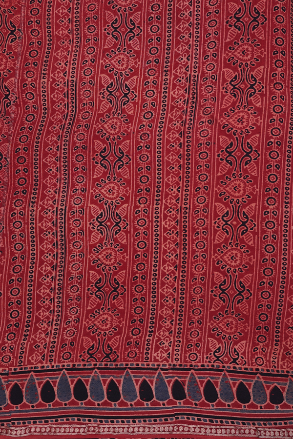 Georgette Saree In Crimson Red With Ajrakh Printed Design