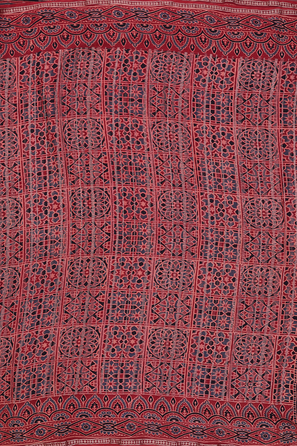 Georgette Saree In Crimson Red With Ajrakh Printed Design