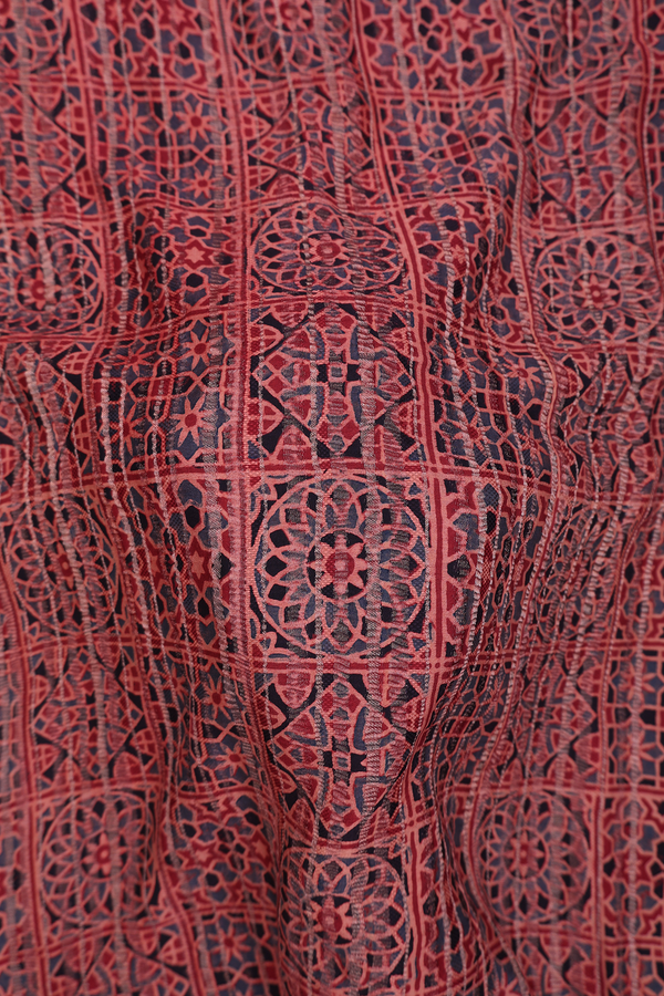 Georgette Saree In Crimson Red With Ajrakh Printed Design