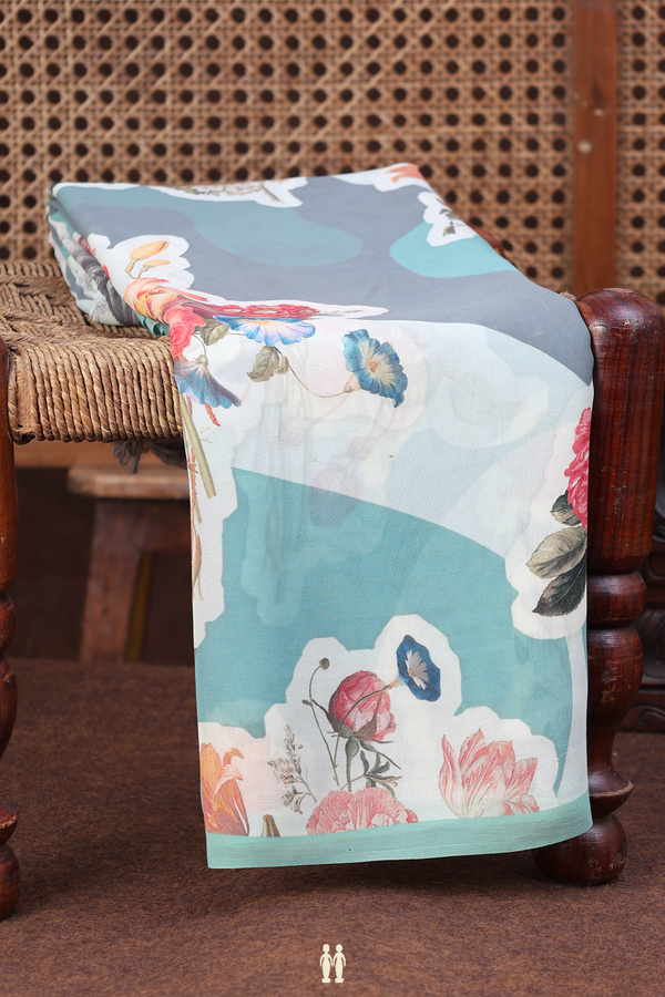 Georgette Saree In Dusty Green With Floral Design