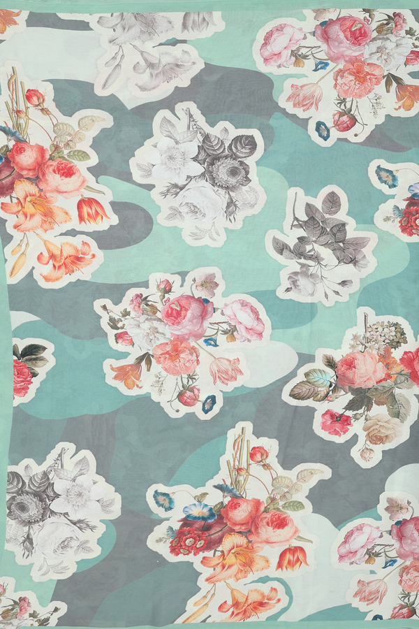 Georgette Saree In Dusty Green With Floral Design