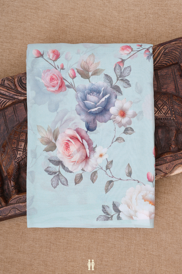 Georgette Saree In Dusty Green With Floral Printed Design