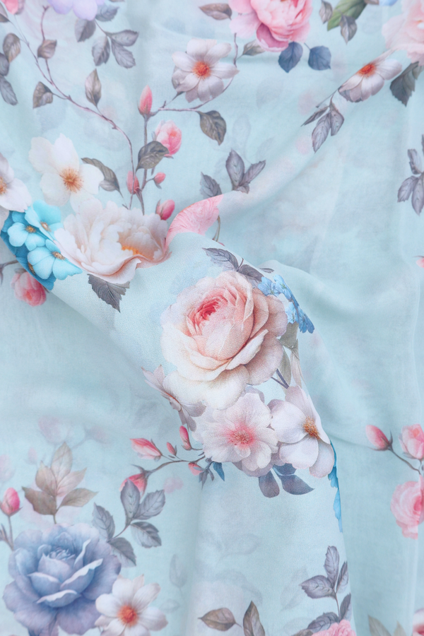 Georgette Saree In Dusty Green With Floral Printed Design