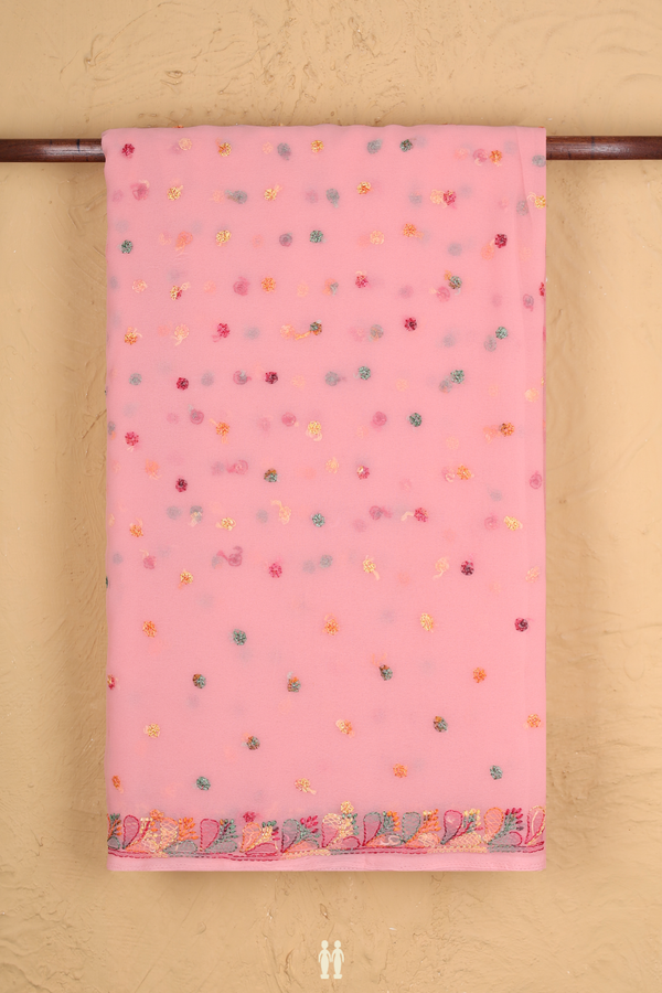 Georgette Saree In Peach Pink With Threadwork Buttas