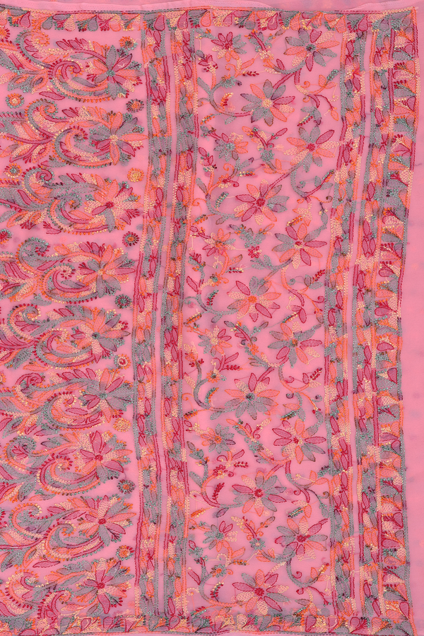 Georgette Saree In Peach Pink With Threadwork Buttas