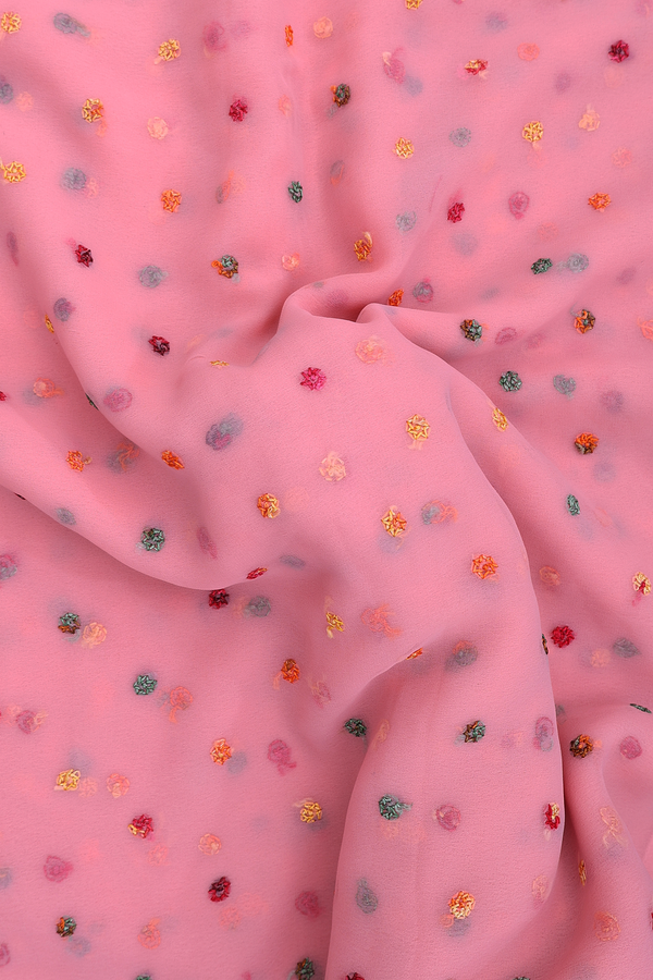 Georgette Saree In Peach Pink With Threadwork Buttas