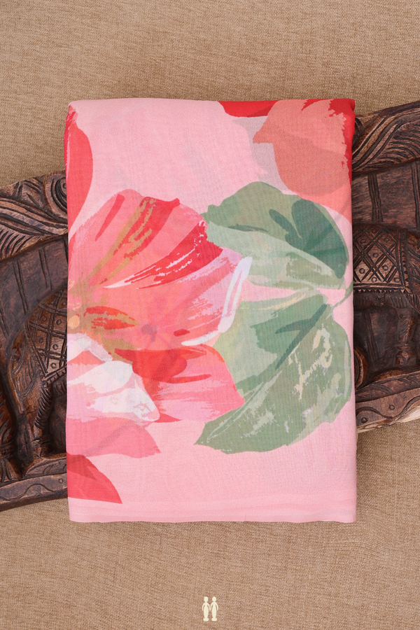 Georgette Saree In Pinkish Peach With Floral Printed Design