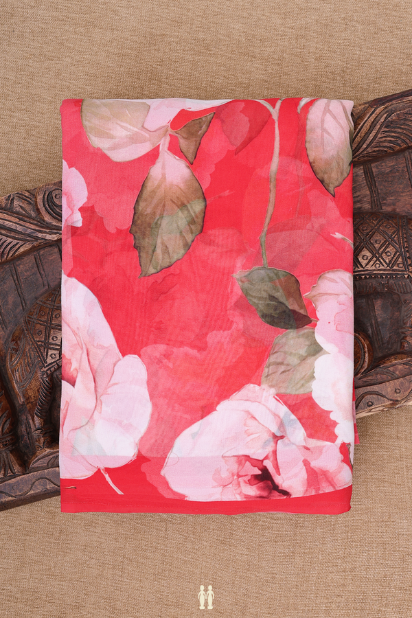 Georgette Saree In Red With Floral Printed Design