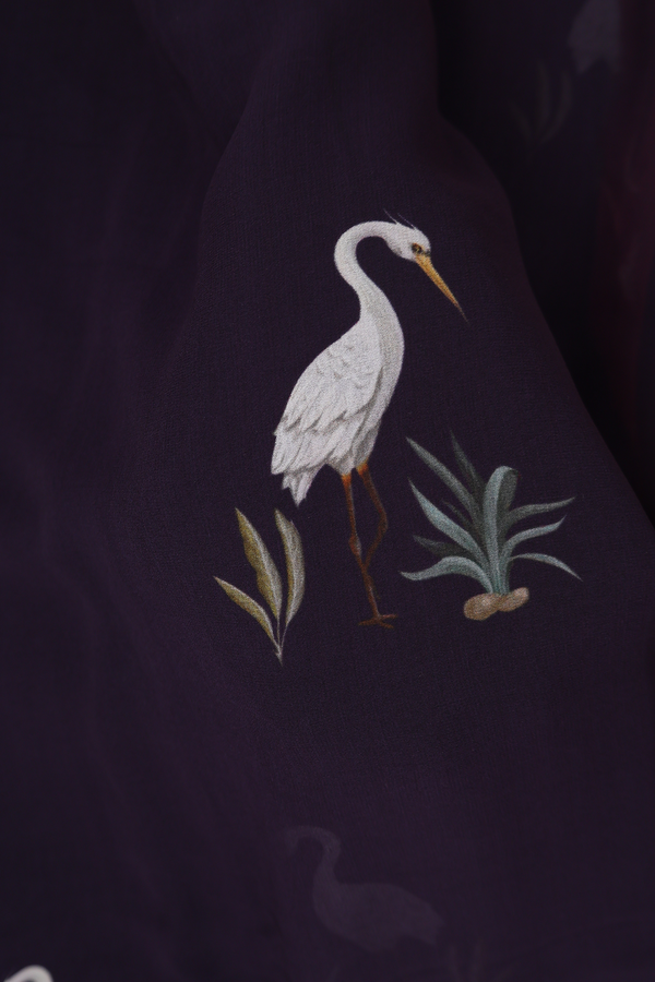 Georgette Saree In Regal Purple With Birds Design