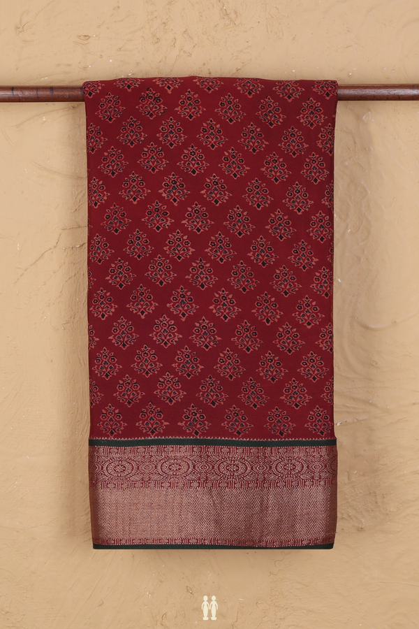 Georgette Saree In Ruby Red With Ajrakh Printed Design