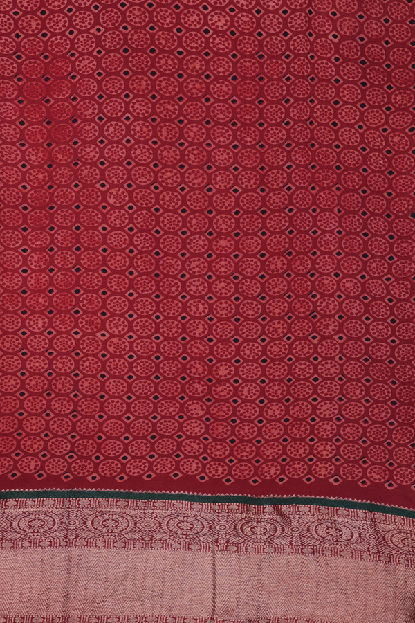Georgette Saree In Ruby Red With Ajrakh Printed Design