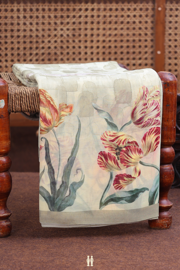 Georgette Saree In Green Beige With Printed Design