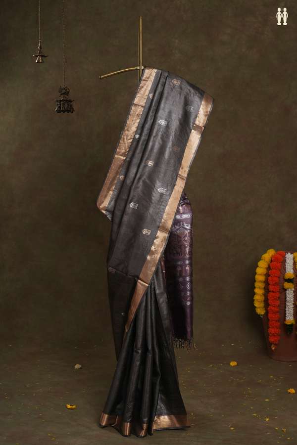 Gold And Silver Zari Motifs Oxford Brown Tussar Silk Saree