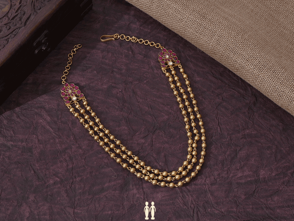 Floral With Three Layered Beads Gold-Plated Silver Necklace