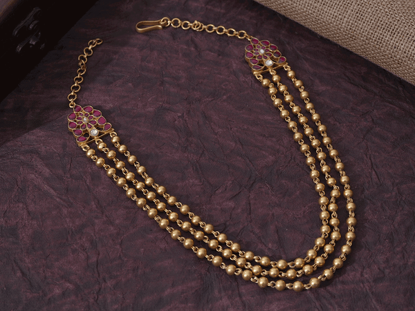 Floral With Three Layered Beads Gold-Plated Silver Necklace